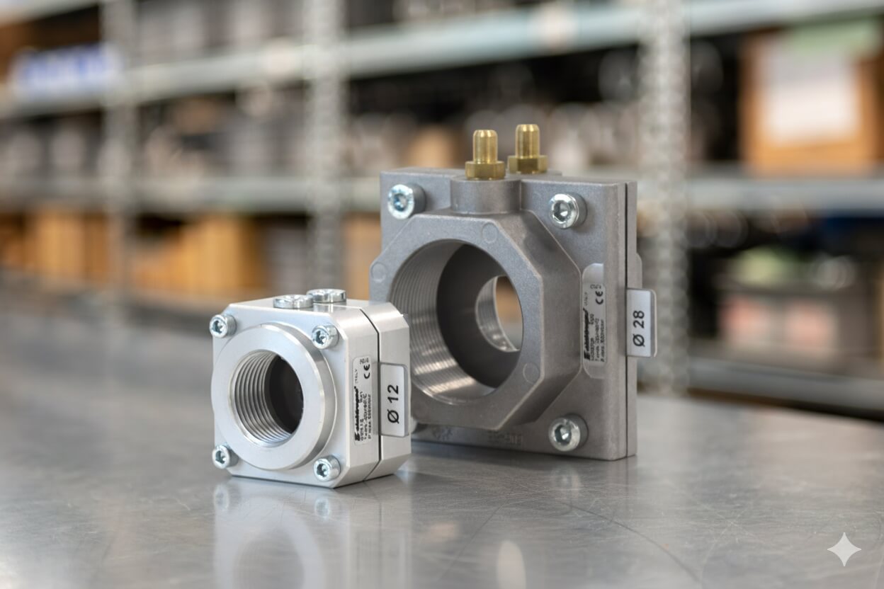 Elektrogas Devices with calibrated orifice for flow measurement. OM device is an orifice for measuring fluid flow through a differential pressure meter. In combustion plants, this solution is very useful for measuring gas and air flow and set correctly combustion parameters. OM orifices are deliverable with threaded connection from ½” to 2”. Size 2”½ and 3” must be mounted between two flanges. Orifice diameter is available with a wide range of sizes so that passage can be properly chosen according to working conditions and a good measurement can be returned in any situation. If necessary, measuring plate can be replaced. Body is made of aluminum alloy, measuring plate is made of stainless steel. - Measuring Orifices