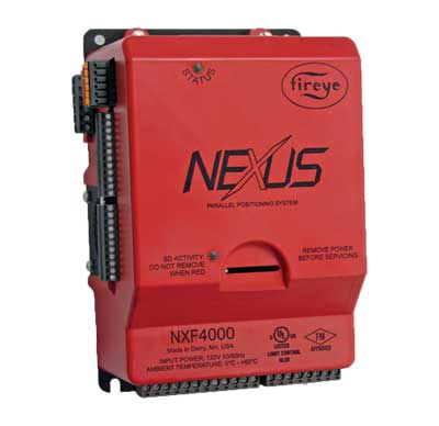 Nexus NXF4000 Parallel Positioning. The Fireye NXF4000 is an advanced burner management controller with an internal flame safeguard, designed to operate burners firing liquid or gaseous fuels. NXF4000 supports up to four servos and two VFD channels per profile, optional touchscreen interface, 15 configurable digital inputs, optional valve proving, thermal shock, hot standby, integrated peer-to-peer sequencing and more. Add-on options include oxygen trim, plant master for centralized control and communication gateway to support most BMS/PLC/SCADA needs.