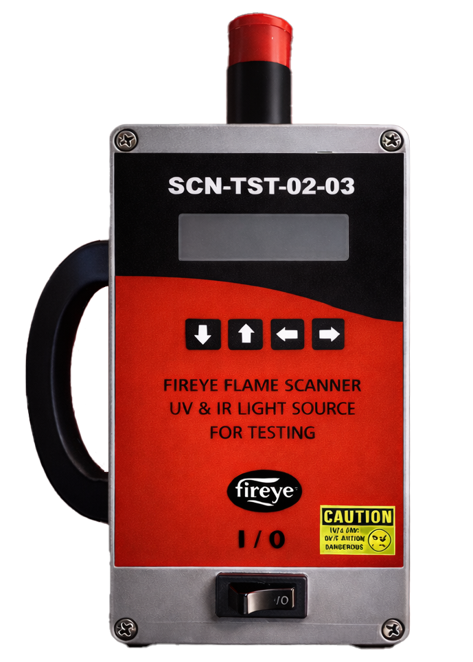SCN-TST-02-03 Flame Scanner Tester. Reliable Flame Detection Testing — Anywhere, Anytime The Scanner Tester is a professional‑grade solution for testing Fireye flame detectors and integrated flame scanners without the need for a live burner. By accurately simulating both infrared (IR) and ultraviolet (UV) radiation found in real burner flames, it enables safe, precise verification during commissioning, maintenance, and troubleshooting. Designed for both field and workshop use, the Scanner Tester combines portability, robust construction, and advanced diagnostic capabilities in a single, easy‑to‑use device. Key Capabilities Realistic Flame Simulation The Scanner Tester reproduces authentic bu