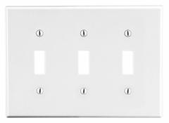 HUBBELL Wall Plate: Toggle, 3 Gang, White, Std Size (MPN P3W). Key specifications — Brand: HUBBELL; Material: Polycarbonate.