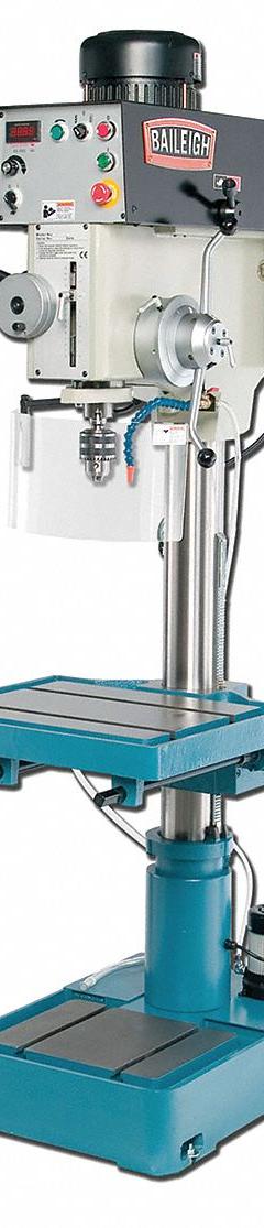 BAILEIGH INDUSTRIAL Floor Drill Press: Belt Drive, Variable Speed, 85 RPM – 2,000 RPM, 10 7/16 in (MPN DP-1500VS). Key specifications — attr22849: 85 to 540 RPM / 540 to 4,000 RPM; attr22858: 220V AC; attr73523: Boring; attr22856: Belt; attr73570: Single-Phase; attr22850: 10-7/16 in; attr22846: 2 hp; attr22840: 14 A.