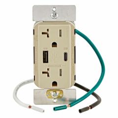 USB Receptacle: Decorator Duplex, 5-20R, USB Type A/C, Ivory, 125V AC, 20 A (MPN T5834-I). Key specifications — Brand: LEVITON.