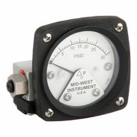 MIDWEST INSTRUMENT Differential Pressure Gauge & Switch: Back, 1/4 in NPT Female, 120, 2 1/2 in Dial (MPN 120-AA-00-O(CA)-30P). Key specifications — Sensor Type: Piston; Series: 120; Housing Material: Aluminum; Certificate of Calibration: Not Included; Gauge Accuracy: ±3-2-3%.