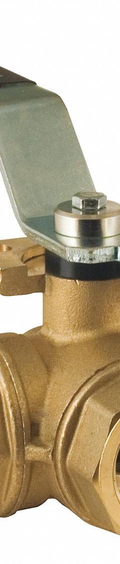 BONOMI Manual Three-Way Ball Valve: 1 1/4 in, Brass, L Flow, FNPT x FNPT x FNPT, Std Port Ball Port (MPN 365N-11/4"). Key specifications — Brand: BONOMI; Handle: Lever.