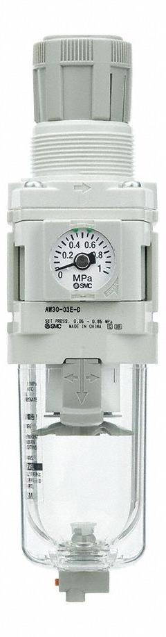 SMC Filter Regulator: AW-D Series, 1/2 in Rc, 5 micron, 1 MPa Max Op Pressure, Auto Drain (MPN AW40-04D-D). Key specifications — attr109419: SMC; attr109429: Die-Cast Aluminum; attr109463: Yes; attr109468: AW-D.