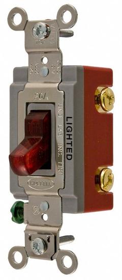 HUBBELL Wall Switch: Toggle Switch, Single Pole, Maintained, Red, 120/277V AC, 20 A (MPN HBL1221ILR). Key specifications — Illuminated: Yes; Voltage Rating: 120/277V AC.