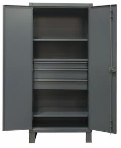 DURHAM MFG Storage Cabinet: 36 in x 24 in x 78 in, Swing Handle & Padlock Hasp, 12 ga Panel Thick (MPN HDCD243678-3M95). Key specifications — Cabinet Color: Gray; Method of Construction: Welded; Base Type: Legs; Assembled: Assembled; Mobility: Stationary; Adjustable Shelves: (2) Adjustable; Cabinet Finish: Powder Coated; Cabinet Material: Steel.