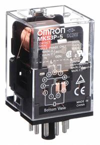 OMRON General Purpose Relay: Socket Mounted, 10 A Current Rating, 24V DC, 3PDT, 11 Pins/Terminals (MPN MKS3P5DC24). Key specifications — Brand: OMRON; Base Type: Octal; Mounting Style: Plug-In; Pin Shape: Round; Electrical Connection: Plug-In; Manufacturer Part Number: MKS3P5DC24; Operating Current: 5 A at 250V AC (Resistive Load); Series: MK-S Series.