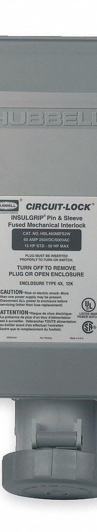 HUBBELL Mechanical Interlock: 250V DC/600V AC, Single/Three Phase, 30 A, 3 Pole, 4 Wire (MPN HBL430MIS2W). Key specifications — Brand: HUBBELL; Reverse Service: No.