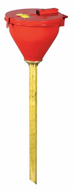 JUSTRITE Self Closing Funnel: Self Closing, Red / Red, 33 in, 10 3/4 in x 43 in, 2 in NPS/2 in NPT (MPN 08208 W/33IN TUBE). Key specifications — Brand: JUSTRITE; Funnel Material: Galvanized Steel; For Use With: Drums; Color: Red; Lid Type: Self Closing; Flame Arrester Ht: 33 in; Lid Type (sublevel): Lidded.