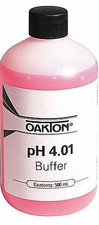 OAKTON Buffer - pH 4.01 - Color Coded Red: ACS, 500 mL Volume, Liquid, pH 4.01, Plastic, Bottle, 1 (MPN 00654-00). Key specifications — Brand: OAKTON; CAS Number: 845-10-3; Chemical Family Type: Solution; Chemical Grade: ACS; Concentration: pH 4.01; Container Material: Plastic; Container Type: Bottle; Form: Liquid.