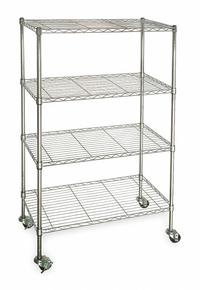 APPROVED VENDOR Wire Shelving Unit: 60 in x 24 in x 68 in, Dry, Split Sleeve, 4 Shelves, Silver (MPN 3TPA6). Key specifications — attr15738: Silver; attr14157: Chrome; attr14150: Dry; attr14159: Round; attr5304: 4; attr14155: (2) Swivel; attr14158: Steel; attr14156: Polymer.