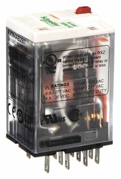 SCHNEIDER General Purpose Relay: Socket Mounted, 6 A Current Rating, 24V AC, 4PDT, 14 Pins/Terminals (MPN RXM4AB2B7). Key specifications — Brand: SCHNEIDER; Base Type: Square; Mounting Style: Plug-In; Pin Shape: Flat; Electrical Connection: Quick-Connect; Manufacturer Part Number: RXM4AB2B7; Series: Harmony™ RXM Series.