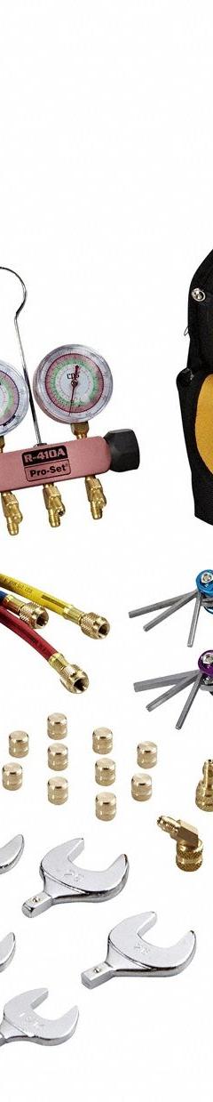 PRO-SET Mini-Split Tool Kit: 2 Valves, 3 Hoses, 2 1/2 in Gauge, For R-410A (MPN TLB410A). Key specifications — Product Type: Mini-Split Tool Kit; For Refrigerant Type: R-410A; Brand: PRO-SET; Includes: Valve Core Tool.