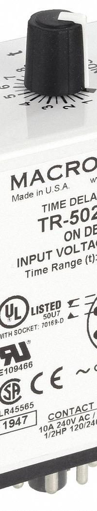 MACROMATIC Single Function Time Delay Relay: Socket Mounted, 240V AC, 10 A, 8 Pins/Terminals (MPN TR-50221-05). Key specifications — Brand: MACROMATIC.