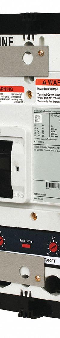 EATON Molded Case Circuit Breaker: 600 A Amps, 65kA at 240V AC, Fixed, ABC, Line/Load Lug, Std, LD (MPN LD3600). Key specifications — attr217792: LD; attr196056: 65kA at 240V AC; attr196057: Fixed; attr196058: ABC; attr196059: Line/Load Lug; attr196061: 600A/L.