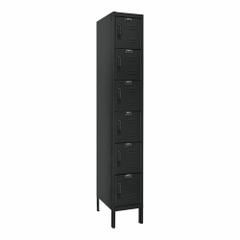 HALLOWELL Locker: 12 in x 12 in x 78 in, 6 Tiers, 1 Units Wide, Louvered, 8-Digit Code/Key, Black (MPN UEL1228-6ME). Key specifications — Locker Color: Black; Door Type: Louvered; Includes Number Plates: Yes; ADA Compliant: Yes; Lock Type: 8-Digit Code/Key; Brand: HALLOWELL; Assembled: Unassembled; Color Family: Black.