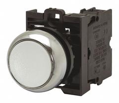 EATON Illuminated Push Button: Illuminated, Flush Profile, Non-Metallic, 22 mm, 1NO (MPN M22-DRL-W-K10-230W). Key specifications — Brand: EATON; Action: Maintained; Series: M22; Push Button Material Type: Non-Metallic.