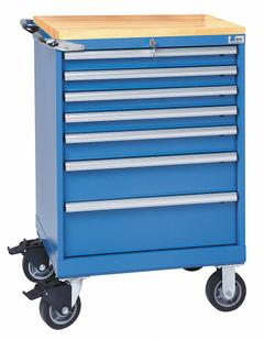 LISTA Modular Drawer Cabinet: 28 1/4 in x 22 1/2 in x 43 1/4 in, 7 Drawers, Tubular, Casters, Blue (MPN ST07-0701B-MBKABB). Key specifications — Cabinet Color: Bright Blue; Frame Assembled: Assembled; Base Type: Casters; Drawer Inside Height: (4) 2 in; Drawer HxWxD: (4) 2 in x 24 in x 18 in; Work Surface Material: Butcher Block; Drawer Handle Type: Tubular; Cabinet Material: Steel.