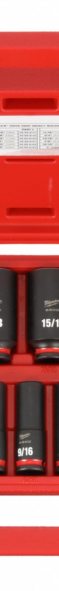 MILWAUKEE Impact Socket Set: 3/8 in Drive Size, Small Set (0-50 pieces) Set Size, 12 Pieces, 0, SAE (MPN 49-66-7006). Key specifications — attr1204251: MILWAUKEE; attr1215453: 3/8 in; attr1215454: 5/16 in to 1 in; attr1224229: Friction.