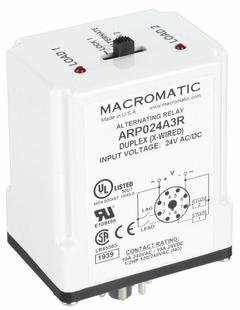 MACROMATIC Alternating Relay: Socket Mount, 24V AC/DC, 8 Pin, DPDT (MPN ARP024A3R). Key specifications — Contact Rating (AC): 10 A @ 240V; Contact Rating (DC): 10 A @ 24V; Manufacturer Part Number: ARP024A3R; Base Type: Octal; Brand: MACROMATIC; Mounting Style: Plug-In.