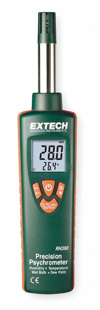 EXTECH Psychrometer: Onboard, Included, Ambient Temp/Dew Point/Relative Humidity/Wet Bulb Temp (MPN RH390-NIST). Key specifications — Brand: EXTECH; Calibration Certificate: Included.