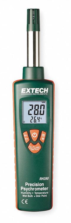 EXTECH Psychrometer: Onboard, Included, Ambient Temp/Dew Point/Relative Humidity/Wet Bulb Temp (MPN RH390-NIST). Key specifications — Brand: EXTECH; Calibration Certificate: Included.