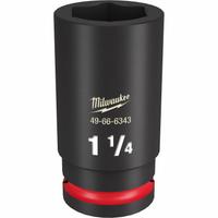 MILWAUKEE Deep Impact Socket: 3/4 in Drive Size, SAE, 1 1/4 in Socket Size, 6-Point, Deep, Friction (MPN 49-66-6343). Key specifications — attr1215501: MILWAUKEE; attr1215515: Black Phosphate; attr1215518: 1-1/4 in.