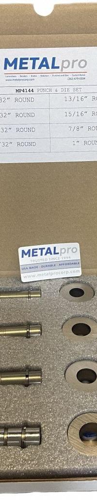 METALPRO Punch and Die Set: MP4000FS/MP4500FS/MP5000FS, 40 lb_45 lb_50 lb Compatible Ironworker Size (MPN MP4144). Key specifications — attr67451: MP4000FS; attr67489: Round; attr67447: MP4144; attr67456: MP4000FS; attr67443: METALPRO; attr67472: 25/32 in, 27/32 in, 29/32 in, 31/32 in, 13/16 in, 15/16 in, 7/8 in and 1 in Round Punch Die Set.