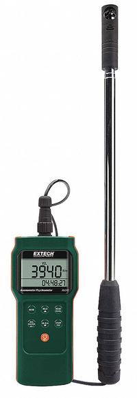 EXTECH Anemometer: 1 fpm Air Velocity Resolution, Dew Point/Relative Humidity, Vane Anemometer, LCD (MPN AN340). Key specifications — Data Logging: Yes; Manufacturer Part Number: AN340; Brand: EXTECH; Temperature Accuracy: +/-1.1°F; Digital Display Screen Type: LCD; Display Type: Digital; Includes: Mini Vane Probe; Power Source: Battery.