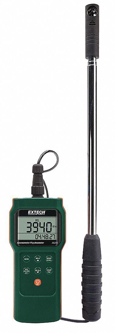 EXTECH Anemometer: 1 fpm Air Velocity Resolution, Dew Point/Relative Humidity - Hot Wire Air Velocity Meters
