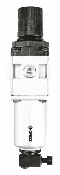 GROZ Filter-Regulator: Std Duty Series, 1/2 in NPT, 106 cfm, 40 micron, 7 psi to 145 psi, Aluminum (MPN FRC159334-MS). Key specifications — attr109419: GROZ; attr109429: Aluminum; attr109463: No; attr109467: Nitrile; attr109468: Standard Duty.
