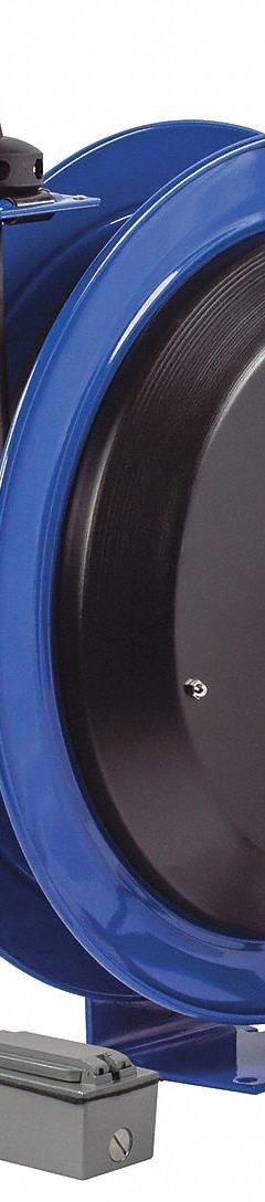 COXREELS Extension Cord Reel: Ratchet Lock, 100 ft Cord Lg, 12 AWG, SJO, 5-20R Cord Lg, 5-20P, Blue (MPN PC24-0012-F). Key specifications — Retractable Cord Ending NEMA Configuration: 5-20R; Feeder Cord Ending NEMA Configuration: 5-20P; Brand: COXREELS.