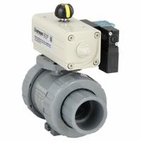 HAYWARD FLOW CONTROL Pneumatically Actuated Two-Way Ball Valve: 1 1/2 in, CPVC, Air to Air (MPN PSDTBH215STVA8). Key specifications — Brand: HAYWARD FLOW CONTROL; Connection Gender - Side 1: Female; Actuator Features: Position Indicator; Actuator Operation: Air to Air; Actuator Series: PSD; Connection Gender - Side 2: Female; Connection Type - Side 1: True-Union Socket/True-Union NPT; Connection Type - Side 2: True-Union Socket/True-Union NPT.