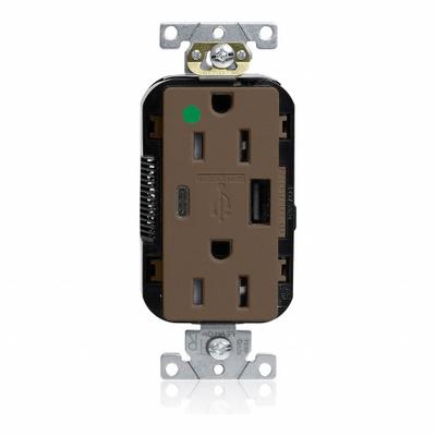 LEVITON Receptacle: Decorator Duplex, 5-15R, 2 USB Ports, USB Type A/C, Brown, 125V AC - Hospital-Grade Receptacles with USB Chargers