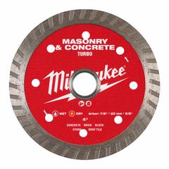 MILWAUKEE Diamond Saw Blade: Concrete/Masonry, 4 in Blade Dia., 5/8 in_7/8 in Arbor Size, Wet/Dry (MPN 49-93-9402). Key specifications — attr1097734: Wet/Dry; attr1097738: Masonry Saw; attr1097751: MILWAUKEE.