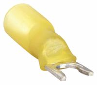 3M Fork Terminals: Yellow, Heat Shrink, 1/4 in Stud Size, 12 AWG – 10 AWG Wire Range, Locking Fork (MPN MH10-14FLX). Key specifications — Barrel Style: Strain Relief; Manufacturer Part Number: MH10-14FLX; Brand: 3M; Series: TH.
