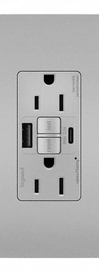 USB Receptacle: Duplex, 5-15R, 2 USB Ports, USB Type A/C, Gray, 125V AC, 15 A, GFCI (MPN 1597TRUSBACGRY). Key specifications — Brand: LEGRAND.