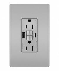 USB Receptacle: Duplex, 5-15R, 2 USB Ports, USB Type A/C, Gray, 125V AC, 15 A, GFCI (MPN 1597TRUSBACGRY). Key specifications — Brand: LEGRAND.
