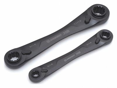 CRESCENT Box End Wrench Set: Alloy Steel, Black Oxide, 2 Tools - Metric, Double End, 12-Point, Ratcheting Box End Wrench Sets
