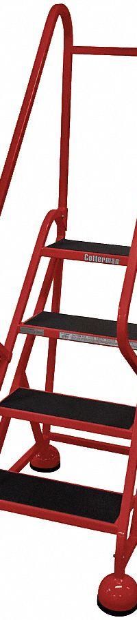 COTTERMAN Rolling Ladder: 3 ft Platform Ht, Partially Assembled, Steel, Wt-Actuated Auto-Lock (MPN ST-401 A2 C6 P5). Key specifications — Includes Handrails: Handrails Included; Material: Steel; Brand: COTTERMAN; Color: Red.