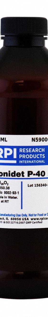RPI Nonidet P-40 Substitute: 500 mL Volume, Liquid, Plastic (MPN N59000-500.0). Key specifications — Form: Liquid; Brand: RPI; Chemical Grade: Lab; Container Material: Plastic.