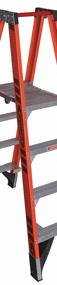 WERNER Twin Platform Stepladder: 4 ft Ladder Size, Fiberglass, 300 lb Load Capacity, 31 lb Wt (MPN PT7404). Key specifications — Brand: WERNER; Included Features: Guard Rail.