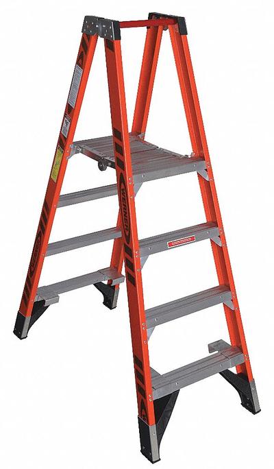 WERNER Twin Platform Stepladder: 4 ft Ladder Size, Fiberglass, 300 lb Load Capacity - Non-Conductive Fiberglass Twin-Platform Stepladders