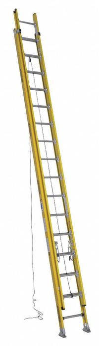 WERNER Extension Ladder: 32 ft Ladder Size, Fiberglass, 375 lb Load Capacity, 83 lb Wt, 2 Sections (MPN D7132-2). Key specifications — Color: Yellow; Brand: WERNER; Included Features: Rope and Pulley; Removable Fly: Removable.