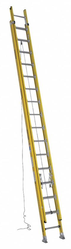 WERNER Extension Ladder: 32 ft Ladder Size, Fiberglass, 375 lb Load Capacity, 83 lb Wt, 2 Sections (MPN D7132-2). Key specifications — Color: Yellow; Brand: WERNER; Included Features: Rope and Pulley; Removable Fly: Removable.