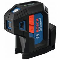BOSCH Dot Laser: 0 Lines and 5 Dots, Green Beam, 0 Planes, 100 - 200 ft Range w/o detector, 0 Lines (MPN GPL100-50G). Key specifications — attr935979: AA; attr934757: BOSCH; attr936112: ±1/4 in @ 30 ft; attr936114: Electronic Self-Leveling; attr935981: Case.