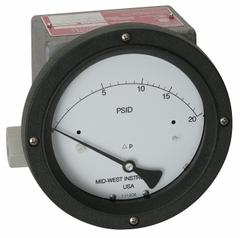 MIDWEST INSTRUMENT Differential Pressure Gauge & Switch: In-Line, 1/4 in NPT Female, 220, IP65 4X (MPN 220-SC-02-O(AAA)-100P). Key specifications — Sensor Type: Piston; Series: 220; Housing Material: 316 Stainless Steel; Certificate of Calibration: Not Included; Gauge Accuracy: ±3-2-3%.