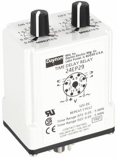 DAYTON Single Function Time Delay Relay: Socket Mounted, 12V DC, 10 A, 8 Pins/Terminals (MPN 24EP29). Key specifications — Brand: DAYTON.