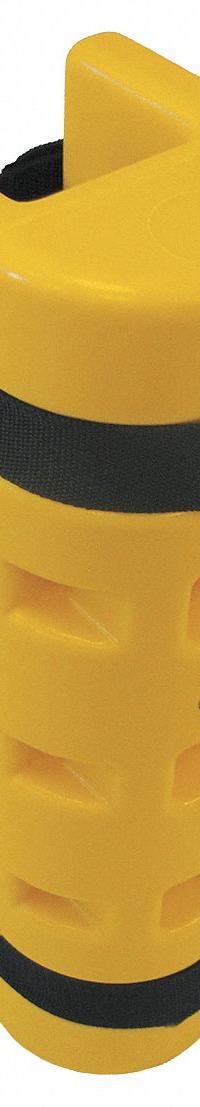 RACK SENTRY Pallet Rack Guard: Strap-On, On Upright, 3 in x 5 1/4 in x 18 in, Thermoplastic, Yellow (MPN RS75CO). Key specifications — Brand: RACK SENTRY; Mounting Location: On Upright; Includes: Beam Cutout; Color: Yellow; Material: Thermoplastic.